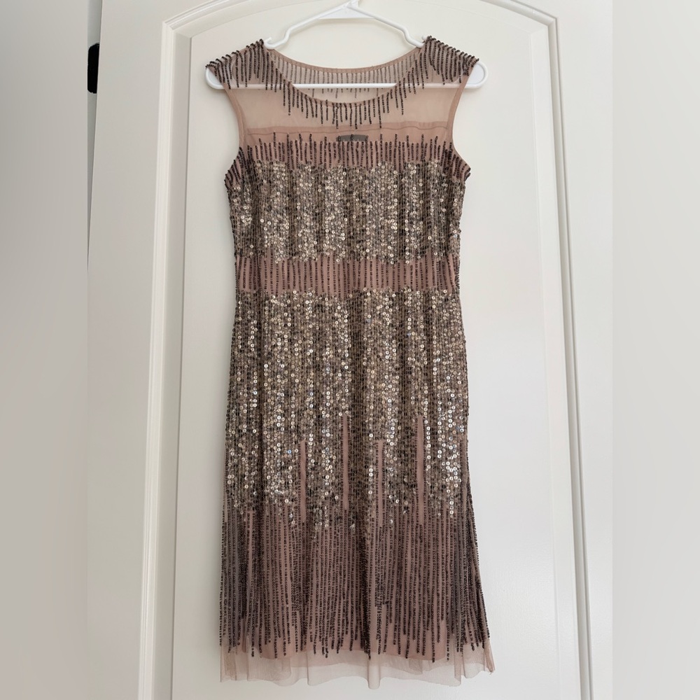 Adrianna Papell Illusion Yoke Beaded Sheath Dress in Taupe